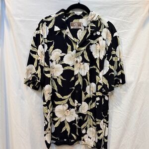 Kalaheo Mens Hawaiian Shirt Black White Orchid Floral Rayon Made in Hawaii M 258